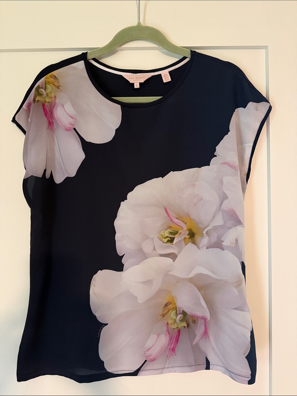 Ted Baker Navy Blouse with Large White Floral Print